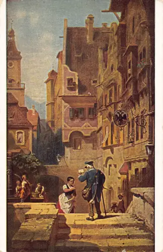 Kunst Carl Spitzweg Brieftraeger Postbote bietet Brief an Frau Postkarte