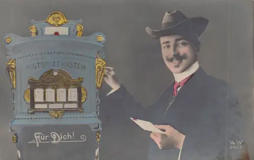 Briefkasten Postkasten Briefkasten Mann lächelnd Brief Fell dich! alte Postkarte