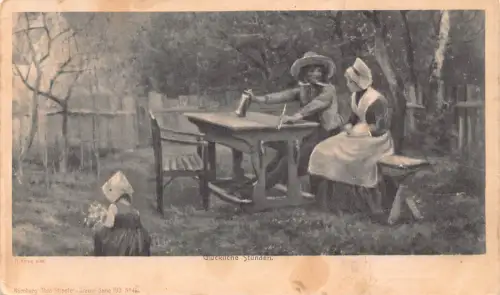 Kunst Happy Hours Mädchen pflückt Blumen Frauen sprechende Bank Wohltätigkeitspostkarte