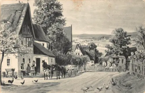 Kunstpostkutsche Ankunft in Dorfbar Gänse Hühner Kutsche 1914 Postkarte