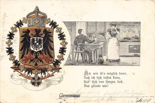 Deutsches Reich Cota of Arms Adler Frau kocht Ehemann isst Gruss aus Postkarte