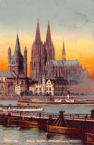 Deutschland 1909 Koeln a Rh Dom St Martin Stapelhaus Dampfschiffe Postkarte