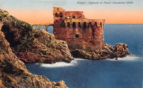 Italien Amalfi Castello di Maiori Saraceno Burg Meer Klippen Vintage Postkarte