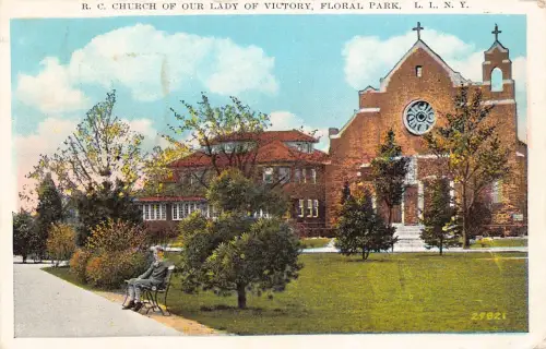US New York Long Island 1930 Floral Park Church Lady of Victory Bench Postkarte