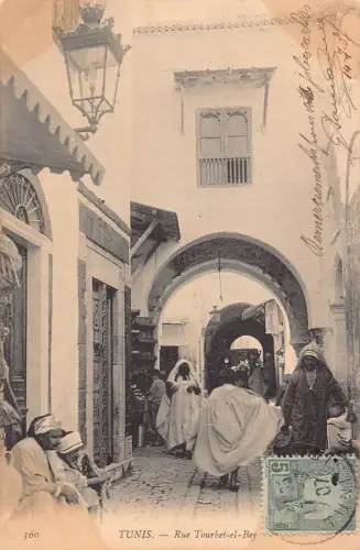 Tunesien Tunis 1907 Rue Tourbet el Bey Busy Street Vintage Postkarte
