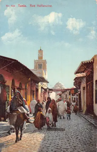 Tunesien Tunis Rue Halfaouine Esel belebte Straße Vintage Postkarte