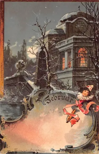 Monate des Jahres Theodor Guggenberger Februar Harlekin Vintage Postkarte