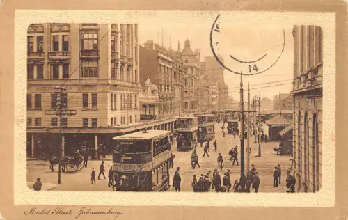 Südafrika 1911 Johannesburg Market Street Doppeldecker Mitchells Werbepostkarte