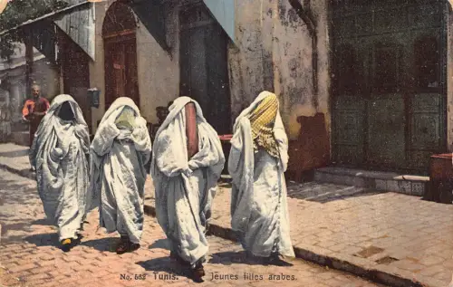 Tunesien Tunis Junge Frauen in Burkas Vintage Postkarte