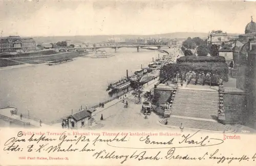 Deutschland 1902 Dresdner Terrasse Elbquai vom Turm Dampfschiffe Hafen Postkarte