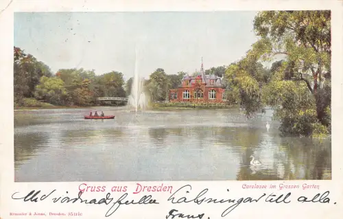Deutschland 1903 Gruss aus Dresden Carolasee See im Großen Garten Boot Schwäne Postkarte