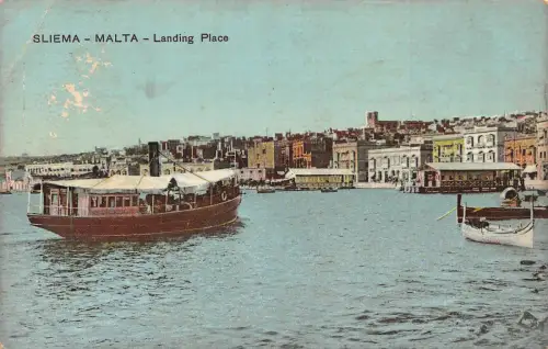 Malta Sliema Landing Place Port Steamboat Vintage Postkarte