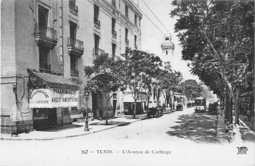 Tunesien Tunis L'Avenue de Carthage Pharmacie Anglo-Americaine Vintage Postkarte