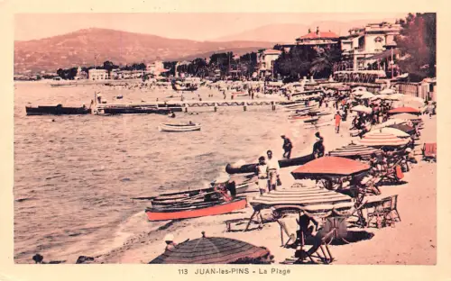 Frankreich Juan les Pins Strand Kanu Boote Regenschirm Vintage Postkarte