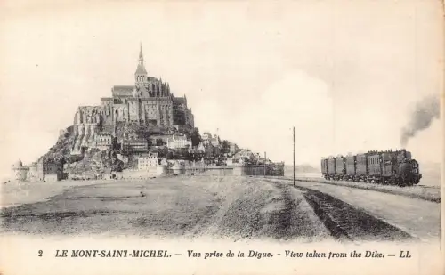 Frankreich Le Mont Saint Michel Blick vom Deich Dampfzug Vintage Postkarte