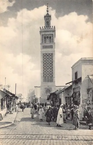 Tunesien Tunis Rue Sidi el Beehir belebte Straße Ladenturm Vintage Postkarte