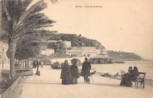 Frankreich schöne Les Ponchettes Meer Boote Promenade Vintage Postkarte