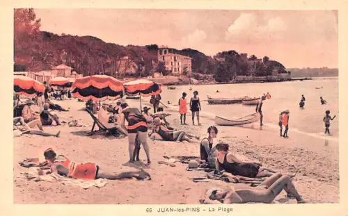 Frankreich Juan les Pins La Plage Strand Boote Frauen Badeanzug Vintage Postkarte