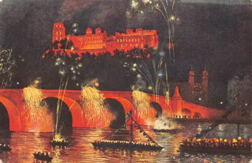 Deutschland Heidelberger Schloss bei Nacht Feuerwerk Boote Feier Vintage Postkarte