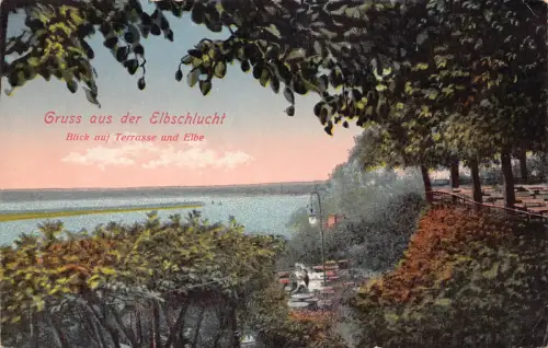Deutschland Gruss aus Elbschlucht Terrasse Restaurant und Elbe Vintage Postkarte