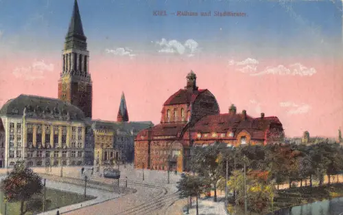 Deutschland Kieler Rathaus und Staatstheater Vintage Postkarte