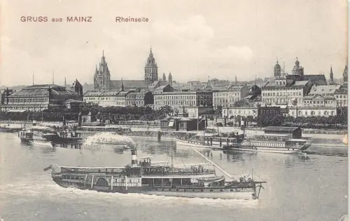 Deutschland Gruss aus Mainz Rheinseite Dampfschiffe Vintage Postkarte