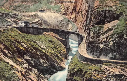 Schweiz 1907 Teufelsbrücke Reuss Gothardstrasse Fluss Berg Postkarte