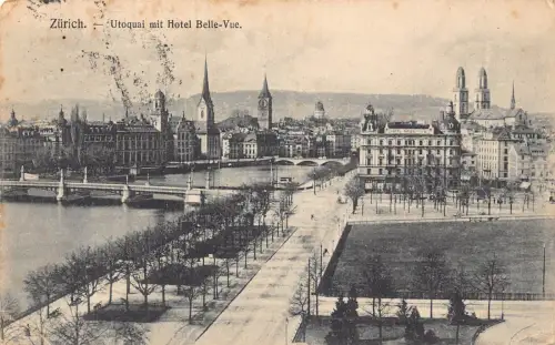 Schweiz 1909 Zuerich Utoquai mit Hotel Belle Vue Vintage Postkarte