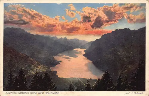 Schweiz Abendstimmung uber dem Walensee Sonnenuntergang See Vintage Postkarte