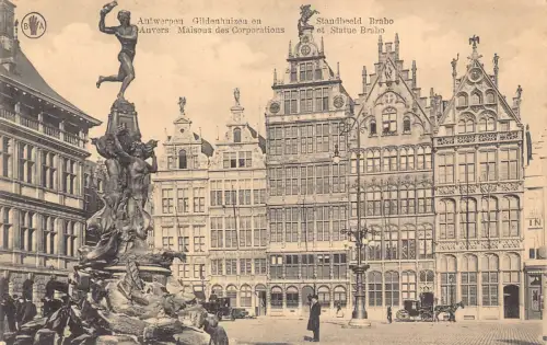 Belgien Anvers Antwerpen Statue Brabo Maisons des Corporations Vintage Postkarte