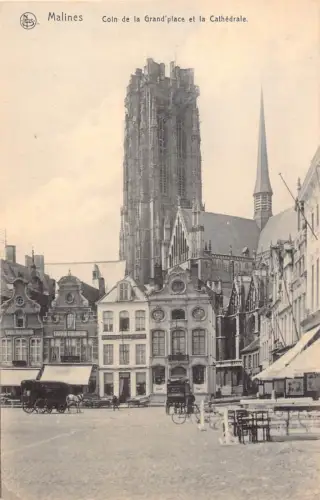 Belgien Malines Coin de Grand Place und Kathedrale Kutsche Vintage Postkarte