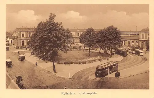 Niederlande Rotterdam Stationsplein Straßenbahnen Vintage Postkarte