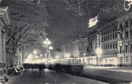 Russland Sankt Petersburg Leningrad Blick auf den Newski-Prospekt bei Nacht Straßenbahn Postkarte
