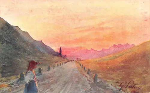 Kunst Landschaft bei Sonnenuntergang Italienisches Land Mädchen auf der Straße Vintage Postkarte