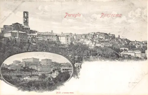 Italien Perugia zwei Panoramen Vintage Postkarte