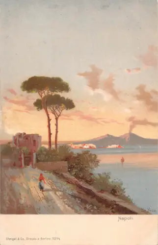 Italien Neapel Neapel Ansicht mit Vesuv Frau auf Straßenbäumen Postkarte