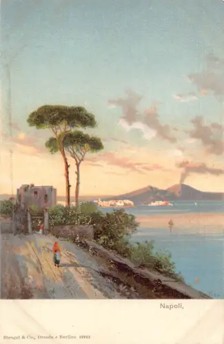 Italien Neapel Neapel Ansicht mit Vesuv Frau auf Straßenbäumen Postkarte.