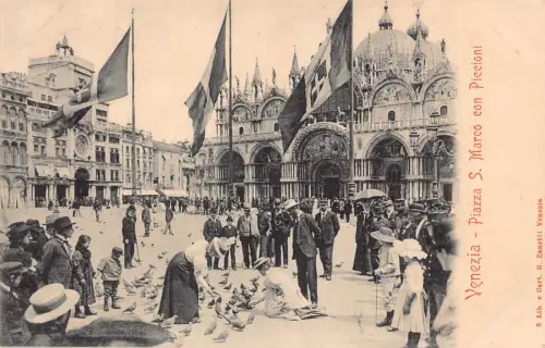 Italien Venedig Venezia Piazza S Marco con Piccioni Flaggen Tauben Vintage Postkarte