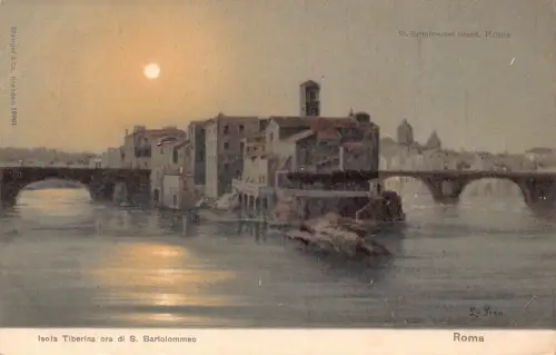 Italien Roma Rom St Bartolommeo Insel Isola Tiberina Mondschein Vintage Postkarte