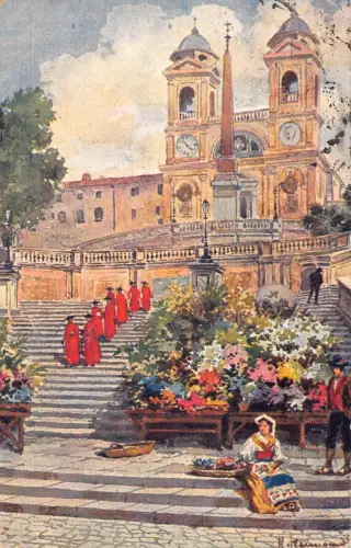 Italien Roma Rom 1922 Trinita dei Monti Blumenmarkt Kirche Postkarte