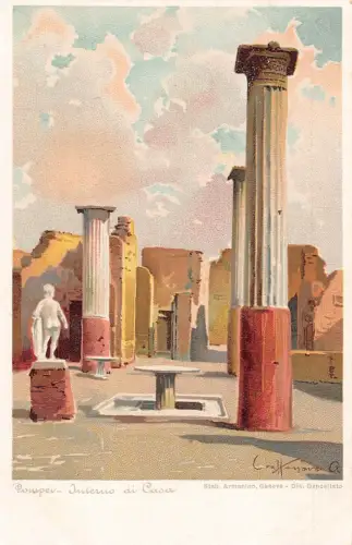 Italien Pompeji Säule Ruine Interno di Casa Chromo Litho Vintage Postkarte