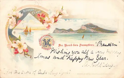 Italien Ricordo di Capri Segelboote Blumen Berg Litho Vintage Postkarte