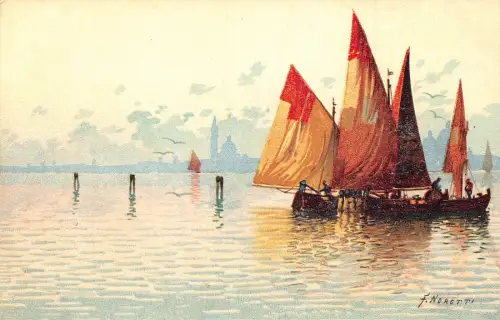 Italien Venedig Venezia Fischer Segelboote Kunst von F Noretti Vintage Postkarte