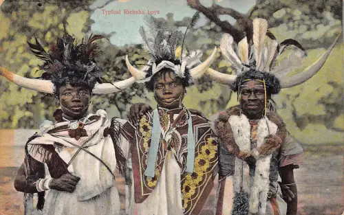 Südafrika 1912 Typische Rikscha Jungen Ureinwohner Ethnische Kleidung Federn Postkarte