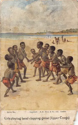 Kunst afrikanische Ureinwohner Kinder Mädchen spielen Hand Klatschspiel Oberkongo Postkarte