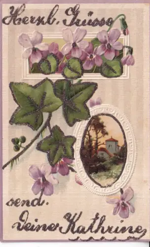 Gruß 1907 Passepartout Landschaft Blätter Blumen Glitzer Prägung Postkarte