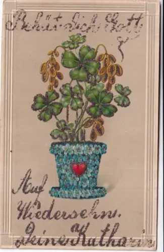 Grüße 1916 Kleeblätter Vergissmeinnicht Allegorik Topf Glitzer Präge Postkarte