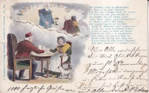 Älteres Paar denkt an Himmel nach dem Tod Katze Gedicht Engel 1901 Glitzer Postkarte