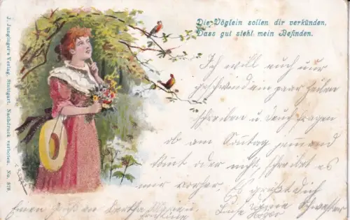 Frühlingsgruß 1901 junges Mädchen Glitzer Kleid Hut Blumen Vögel Vintage Postkarte