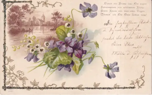 Grüße 1900 Blumen Veilchen und Maiglöckchen Glitzer Vintage Postkarte